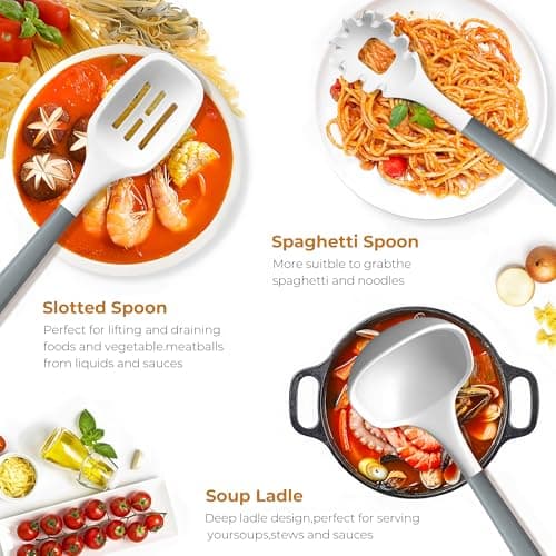 FINENUT Silicone Cooking Utensils Set 11PCS-BPA-Free-446°F Heat Resistant,Kitchen Tools for Nonstick Cookware,Heat Resistant&Scratch-Proof Includes Spatula/Turner/Spoon Dishwasher Safe(White And Gray) - Thumbnail 6