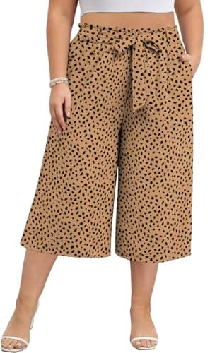 Lastshe Plus Size Capri Pants for Women Summer Boho Flowy Beach High Waist Wide Leg Palazzo Trousers Dressy Copped Pants with Pockets,Khaki Leopard,4X - Image 1