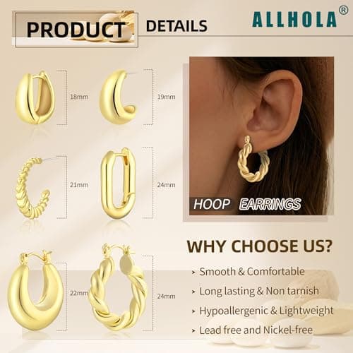 ALLHOLA 6 Pairs 14K Gold Plated Hoop Earrings for Women Trendy Chunky Lightweight Hoop Earrings Multipack Hypoallergenic, Thick Twisted Huggie Hoops Earring Set Jewelry for Gifts (14K Gold Plated) - Thumbnail 4