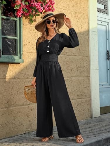 LOOKBOHO Long Sleeve Fall Jumpsuits for Women 2026 Dressy Casual One Piece Wide Leg Romper V Neck High Waist With Pockets Black Large - Thumbnail 4