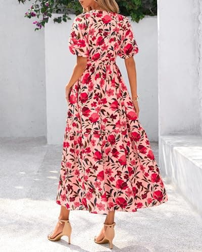 BTFBM Summer Dresses for Women 2026 Boho Short Sleeve V Neck Button Belt Flowy Spring Clothes Beach Vacation Maxi Dress(Floral Red Orange Pink, Medium) - Thumbnail 3