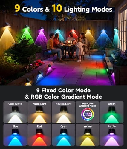 KOOPER Solar Fence Lights Outdoor Waterproof 10 Pack, Solar Fence Lights with Ultra-Bright LED Lens, 10 Modes & 9 Colors Outdoor Solar Lights for Fence, Backyard, Railing, Patio, Wall, Step, Deck - Thumbnail 5