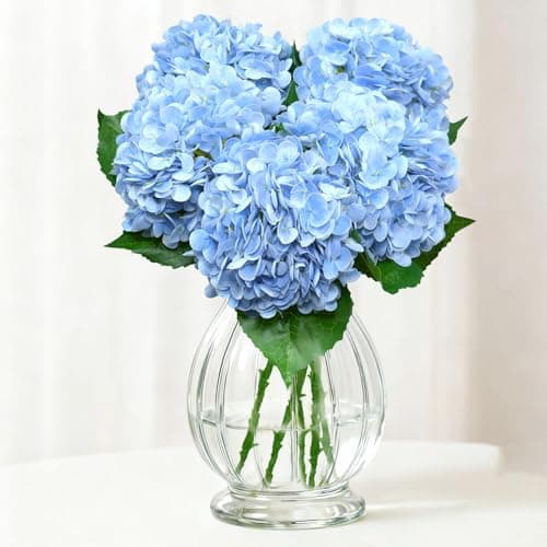 Taiyangxia BlueHydrangea Artificial Flowers 21 Inch Faux Hydrangea Flowers Real Touch Artificial Flowers with Stems & Leaves for Wedding Home Decor Party Table Decoration (5pcs) - Image 1