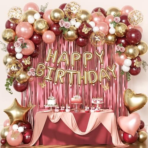 Burgundy Birthday Decorations for Women, Maroon Metallic Rose Gold White Gold Foil Confetti Balloons Happy birthday Banner Gold Butterfly Fringe Curtains Birthday Decorations for Women Girls - Image 1