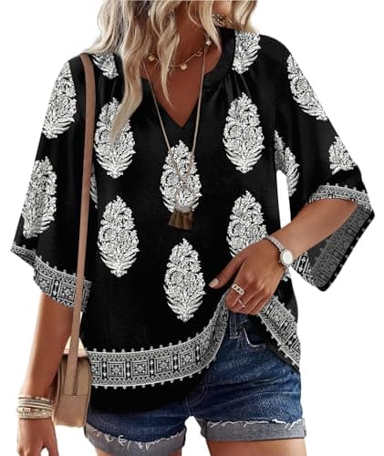 WIHOLL Boho Tops for Women Trendy Summer Outfits Beach Vacation Cover Ups Cruise 3/4 Length Sleeve Dressy Shirts Loose Fit Clothes Havaiian 2026 Maternity Soft Plus SIze Fashion Clothing Multi Black L - Image 1