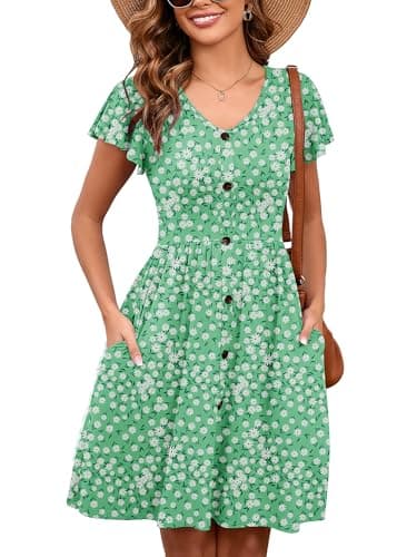 Heymoments Women Summer Dress Fresh Daisy X-Large Ruffle Sleeve V Neck Casual Cute Loose Sundress Comfy Swing Button Down Midi Work Flowy Tunic Ladies Beach Vacation Teacher Dresses with Pockets - Image 1