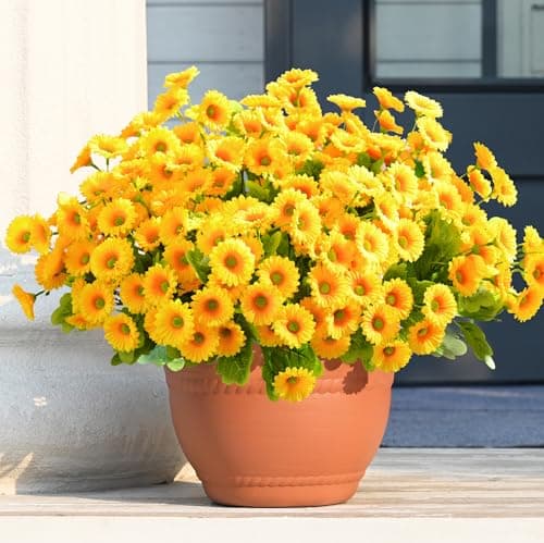 Waipfaru Artificial Flowers for Outdoors Faux Plants, UV Resistant Artificial Outdoor Flowers, Yellow Silk Daisy Realistic Fake Mums Flower for Front Porch Spring Home Planter Patio Decor, 6 Bundles - Image 1