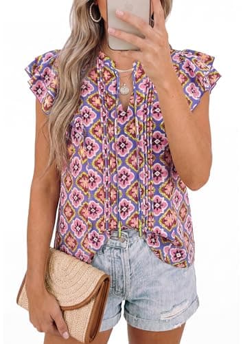 PRETTYGARDEN Women's Boho Flutter Sleeve Blouses Floral Print V Neck Summer Tops Casual Dressy Work Shirts Spring Clothes (Floral Purple Red,XXL) - Thumbnail 2