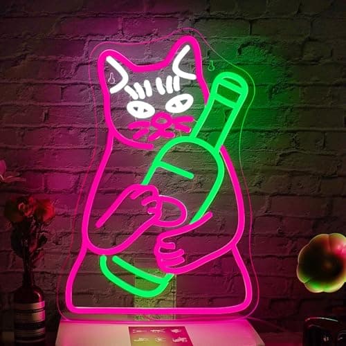 WLHOPE Beer Neon Sign Cat Neon Signs for Wall Decor LED Lights Decorations With Pink Cute Cat for Bar Kitchen Restaurant Man Cave Birthday Parties Gifts - Image 1