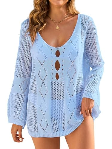 VIAURBE Womens Bathing Suit Coverups Sexy Scoop Neck Long Sleeve Knit Bikini Cover Ups for Women Beach Dresses Light Blue L - Image 1