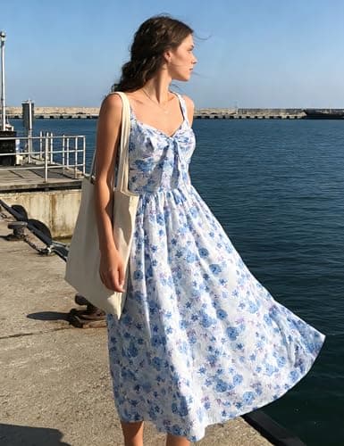 Belle Poque Summer Dresses for Women 2026 Tie Front Dress Beach Wedding Guest Dress Floral Sundress with Pockets (Blue,XL) - Thumbnail 3
