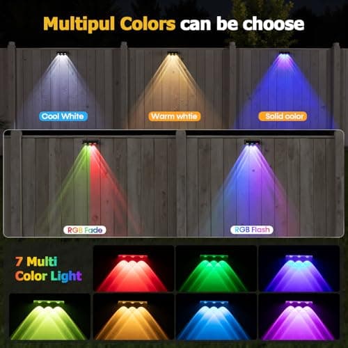 NIORSUN Solar Fence Lights,8 Pack Solars Deck Light,RGB Color,Outdoor Bulb Waterproof Led IP65,Power Patio Lamp with Lenses for Outside/Backyard/Railing/Yard(Black) - Thumbnail 2