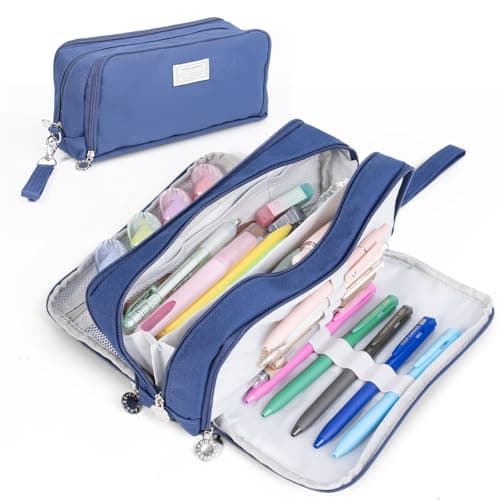 Four Candies Blue Pencil Case 3 Compartment Pouch, Large Pencil Case for School, Girls, Teen Boys, Women, Dark Blue, Removable Handle & Zipper, Cute Pencil Bag for Office, College - Image 1