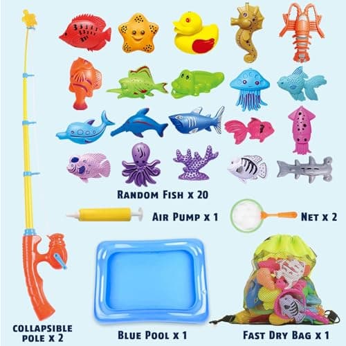 CozyBomB™ Magnetic Fishing Toys Game Set for Kids | Water Table Bathtub Kiddie Pool Party Pole Rod Net, Outdoor Plastic Floating Fish, Toddler Bath Color Ocean Sea Animals Birthday Gift Age 3-5 6 4-8 - Thumbnail 2