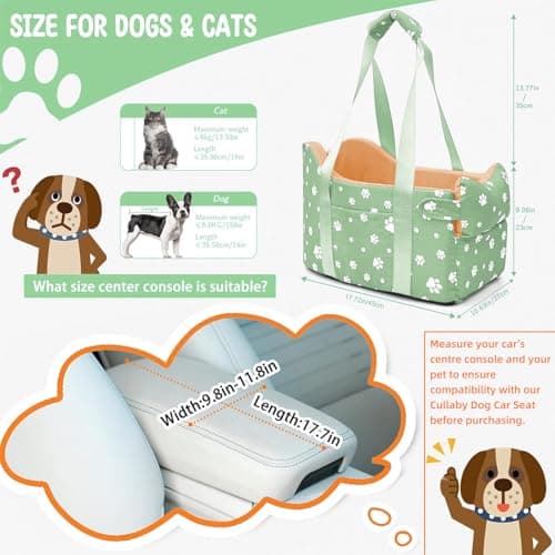 Cullaby Dog Center Console Car Seat for Small Dogs Under 15lbs,Detachable Washable Booster Pet Car Seat Travel Bed with Storage Pockets and Seat Belt(Green) - Thumbnail 4