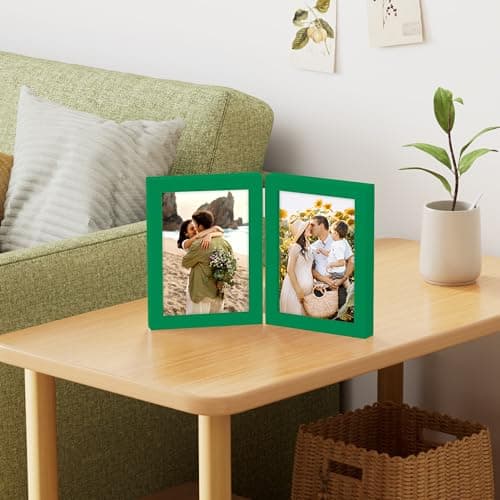 decorUhome Double 5x7 Picture Frame Vertical, Engineered Wood Bifold Photo Frame with Plexiglass for Tabletop Display, 5x7, Green - Thumbnail 2