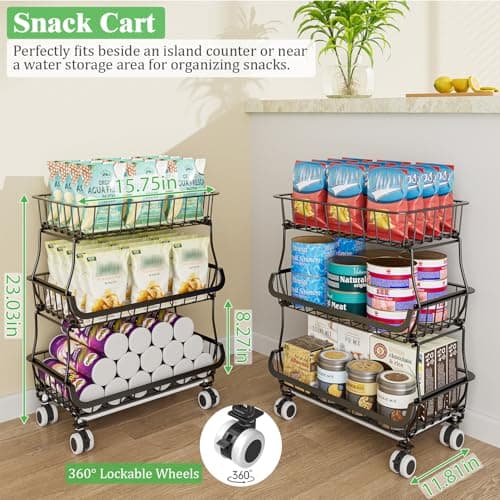 MJIMKE 3-Tier Rolling Cart with Wheels - Stackable Wire Baskets for Pantry Organization and Kitchen Storage, Floor & Countertop Fruit Organizers Vegetable Rack for Coffee Snack Onion Potato, Metal - Thumbnail 2