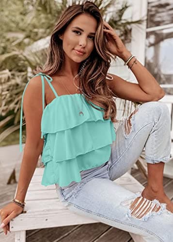 KIRUNDO Spaghetti Strap Ruffle Babydoll Peplum Tank Tops for Women 2026 Summer Cute Flowy Beach Vacation Cruise Outfits(Light Green, Small) - Thumbnail 3