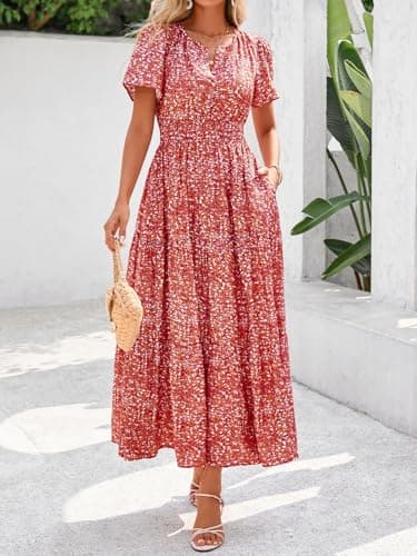 BTFBM Womens Summer Floral Maxi Dresses V Neck Short Sleeve Boho Casual Flowy Long Wedding Guest Dress Beach Vacation(Floral Orange Red, Small) - Thumbnail 4