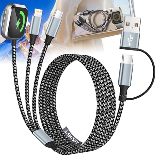 Travel 3 in 2 Charging Cable for iWatch Charger, Travel Essentials UB-A/USB-C Multi Charging Cable/Cord for All Devices Compatible for iWatch Ultra/SE/10-1, iPhone16 15 14, Android-5FT - Image 1