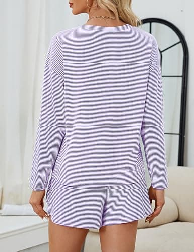 JUSTFASHIONNOW Womens Striped Pajama Sets Long Sleeve Top and Split Shorts Matching Lounge Set Loungewear Crew Neck Sleepwear Soft Pjs Fall Winter Cute Outfits (Purple, Small) - Thumbnail 5