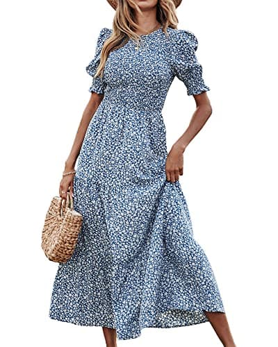 BTFBM Women Casual Summer Dresses 2025 Spring Crew Neck Ruffle Short Sleeve Floral Print Smocked Boho Flowy Maxi Dress(Floral Blue White, Large) - Image 1