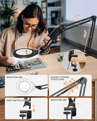 10X & 5X Magnifying Glass with Light, Ultra Long Swing Arm, 5 Colors & 10 Brightness, Real Glass Lens Large Magnifying Lamp for Craft Painting Workbench Jewelry Making Hobby Close Work (White) - Thumbnail 6