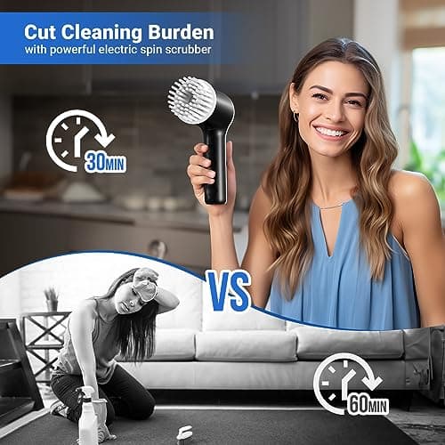 PUFTEM Electric Spin Scrubber, Cordless Shower Scrubber with Battery Level Display, 2 Speeds Electric Scrubber for Cleaning with 6 Replaceable Heads, Cleaning Brush for Bathroom/Sink/Window - Thumbnail 6