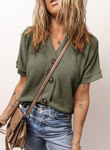 Dokotoo Button Up Tops for Women Trendy Fashion 2024 Waffle Knit Green Blouse Dressy Casual V Neck Tee Top Loose Fit Boyfriends Jacket Short Sleeve Solid Color Cute Summer Shirts Small - Thumbnail 4