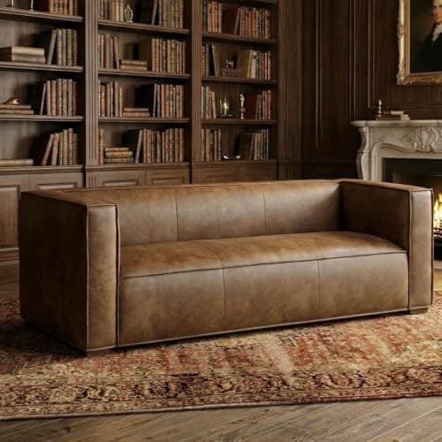 CHERS 83.3" Mid Century Modern Sofa Couch, Fully Assembled Vintage Brown Faux Leather 3-Seater, Distressed Finish, Solid Wood Frame & One-Piece Deep Seat for Living Room, No Assembly Required - Image 1