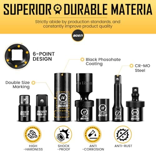 BOEN 1/4" Drive Metric Impact Socket Set, 66-Piece (4-14mm) Deep & Shallow Kit, Includes 5-15mm Swivel Sockets, 72T Ratchet Handle, 2", 4", 6" Extension Bar, Adapters, Universal Joint & Impact Bit - Thumbnail 5