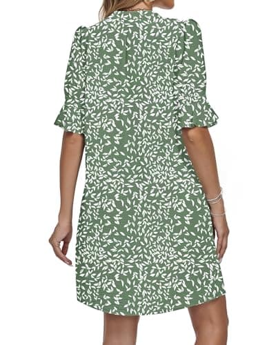 AUSELILY Vacation Dresses for Women V Neck Ruffle Short Sleeve Casual Shift Dress, Olive Green Leaves XL - Thumbnail 5