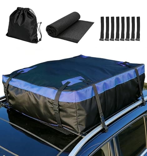 Cyfie Car Rooftop Cargo Carrier Bag, 15 Cubic Feet Waterproof Heavy Duty 420D Oxford Cloth Car Roof Luggage Cargo Storage Bag for All Vehicles with/Without Rack (Black and Blue)