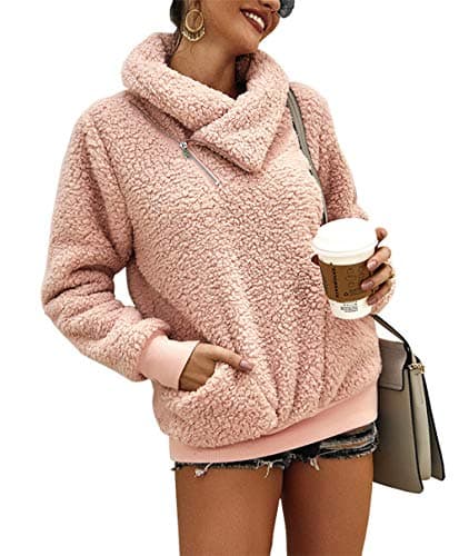 KIRUNDO Winter Clothing for Women Sherpa Pullover Fleece Zip Sweatshirt 2026 Fall Fashion Fuzzy Faux Shearling Warm Outwear(Small,Pink) - Image 1