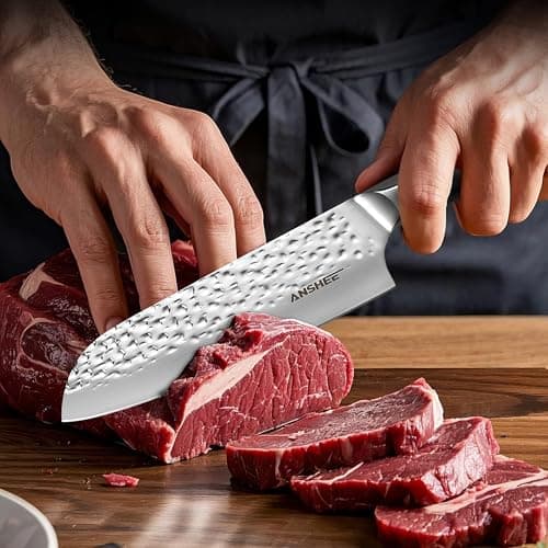 anshee 7 Inch Japanese Santoku Knife with Sheath Gift Box-Hammered Finish High-Carbon Stainless Steel Precision Chef Knife Wood Handle,Multipurpose Kitchen Knife for Slicing Meat,Vegetables,Fruits - Thumbnail 5