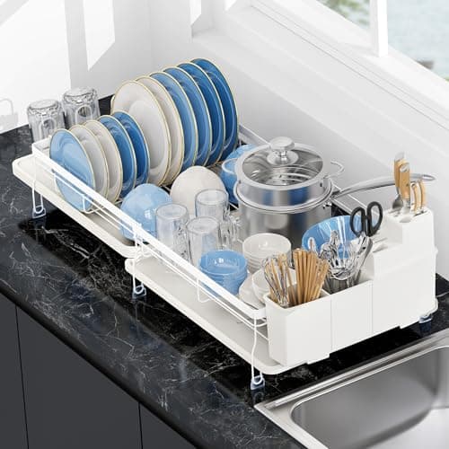 ROTTOGOON Expandable Dish Drying Rack,Multifunctional Adjustable Dish Drainer with Swivel Spout and Anti-Rust Dish Rack with Removable Cutlery & Cup Holders for Kitchen Counter,White - Image 1
