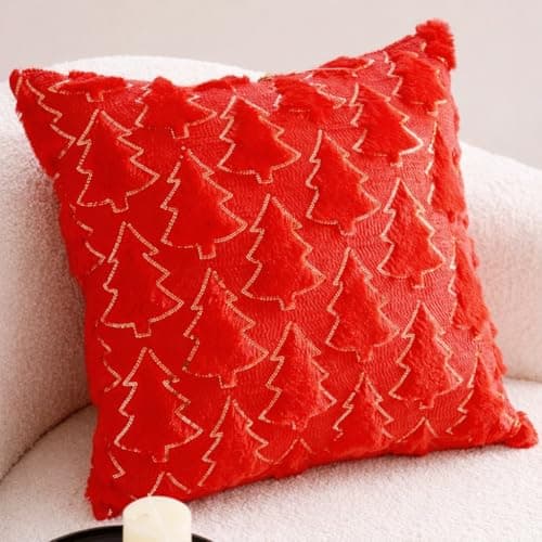 Psythuor Textured Decorative Pillow Covers, 2Pack 18x18 Inch Minimal Nordic Tree Pattern Cushion Covers, Soft Plush Fabric with Zipper for Sofa Couch Bed Home Decor, Red - Image 1