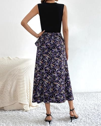 BTFBM Summer Dresses for Women 2026 Casual Spring Floral Sleeveless Ruffle Boho Cocktail Wedding Guest Party Midi Dress(Floral Purple, XX-Large) - Thumbnail 5