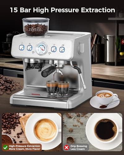 COWSAR Espresso Machine with Grinder, 2025 Upgraded Espresso Machine 15 Bar, Expresso Machine with Milk Frother Steam Wand, 75 Oz Removable Water Tank for Cappuccino, Latte, Stainless Steel - Thumbnail 2
