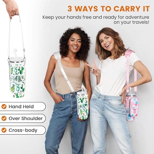 BOCMTR Water Bottle Holder with Strap for Stanley 30/40 oz Tumbler, Fashion Stanley Cup Bag with Big Phone Pocket, Silicone Boot, Straw Cover & Leak Proof Stoppers (Cactus) - Thumbnail 2