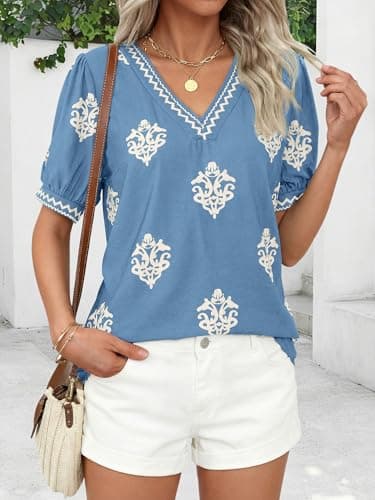 BTFBM Casual Spring Shirts for Women Beach Fashion Going Out Tops Vacation Short Sleeve Floral Boho Blouses Tunics(Light Blue Apricot Flower,XX-Large) - Thumbnail 3
