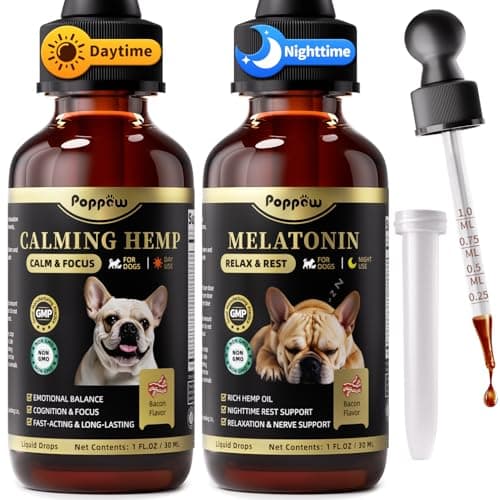 POPPAW Dog Calming & Melatonin Drops, Day & Night Calm Support Set, Anxiety & Stress Support Calming Treat, Enhance Calmness & Sleep for Separation, Travel, Fireworks & Thunder, Bacon Flavor, 2 FL.Oz - Image 1