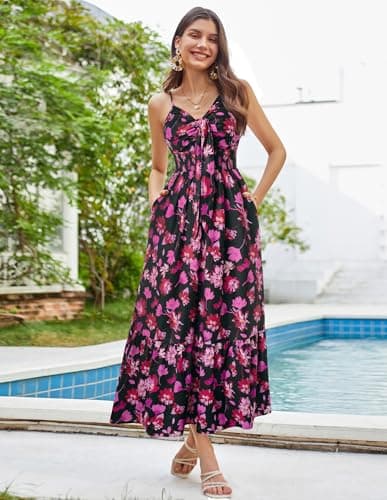 GRACE KARIN Womens Summer Floral Maxi Dresses 2026 Long Flowy Boho Dress Beach Vacation Sundresses Casual Clothes with Pocket Black Pink Floral L - Thumbnail 2