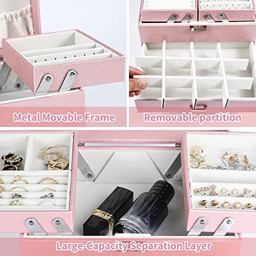 Dajasan Jewelry Boxes for Women Girls, Jewelry Storage Organizer, 4 Layers Large Jewelry Organizer Box with 2 Drawers for Friends, Wife or Mother Gift (Pink) - Thumbnail 5