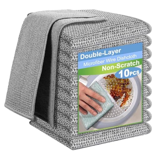 TIVERAIN 10pcs New Upgrade 2-Layer Microfiber Wire Dishcloth,Non-Scratch Wire Dishwashing Rags for Wet and Dry,Metal Scrubbers, Kitchen Miracle Cleaning Dish Rags for Cookware,Sinks, Dishes,Stove,Grey - Image 1