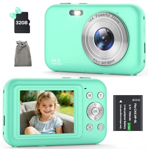 Digital Camera, Kids Camera with 32GB Card, FHD 1080P 44MP Vlogging Camera, 16X Zoom Point and Shoot Digital Camera Compact Portable Rechargeable Cameras for Teens Boys Girls Students Seniors-Green
