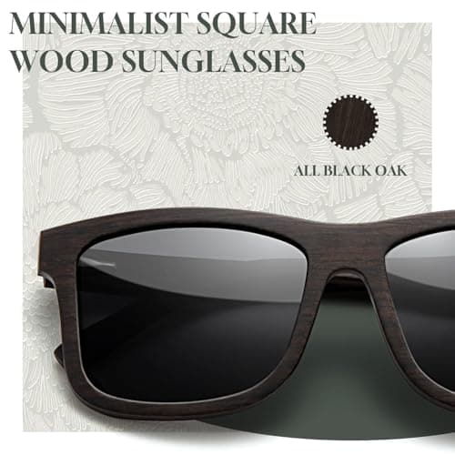 SUNGAIT Brown/Black Oak Wood Polarized Sunglasses Classic Retro Square Shades for Men Women Driving Gifts (Black Oak Frame/Grey Lens) - Thumbnail 2