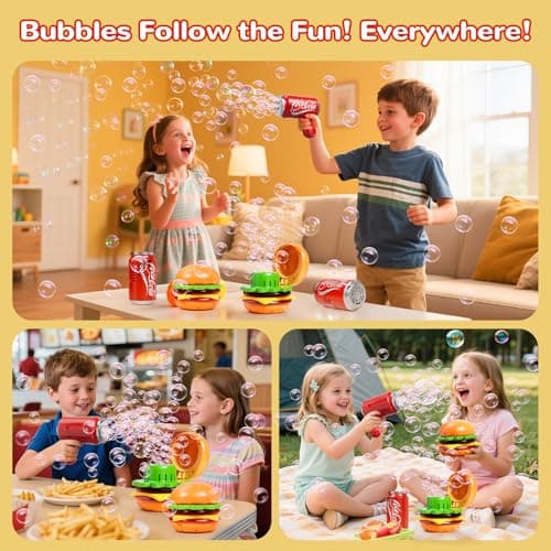 Burger & Cola Bubble Machine Combo W/Bubble Gun, 10 Bubble Solution Packs, Kids Automatic Bubble Blower Toy W/Music & Light, Handheld & Tabletop Bubble Maker, Gift for Birthday, Party Outdoor Fun - Thumbnail 5