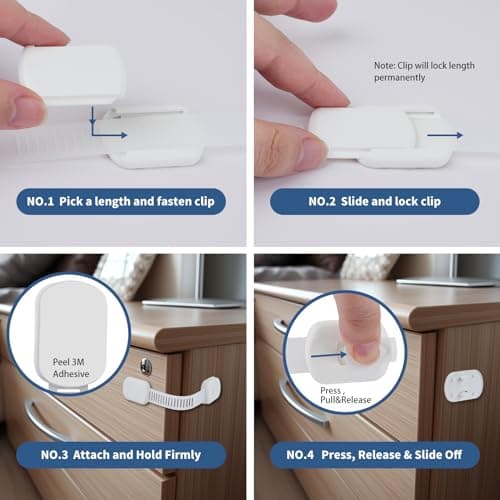 12 Pack Vkania Baby Proofing Cabinet Strap Locks - Child Safety Drawer Cupboard Oven Refrigerator Adhesive Locks - Adjustable Toilets Seat Fridge Latches - Kids Proof Kit - No Drilling - Thumbnail 5