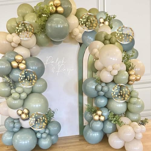 Dusty Green Blue Balloon Arch Kit - 139 PCs Sage Green Blue Sand White Gold Confetti Balloons for Bridal Shower Birthday Jungle Safari Wedding Baby Shower Party Decorations